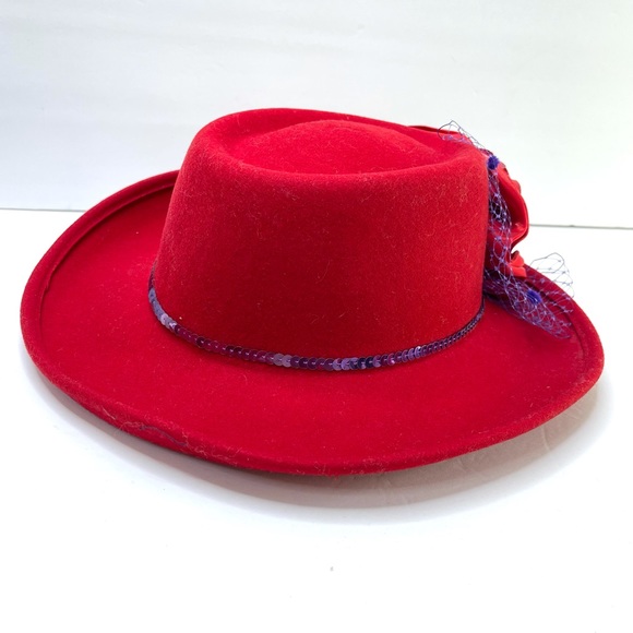 VINTAGE 100% Wool Hat Red With Purple Sequin Trim & Flower Detail - Picture 2 of 7